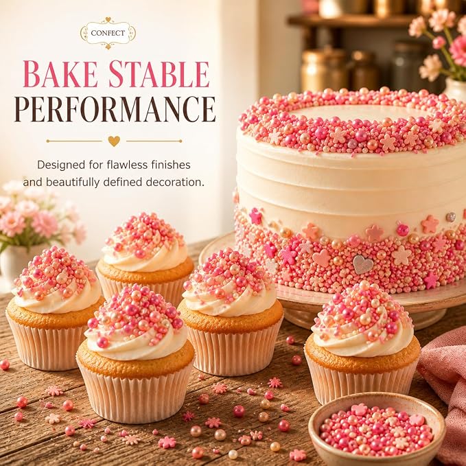 Confect Pretty in Pink, Gold & White Flower & Pearl Sprinkles Mix – Heart & Star Edible Sprinkles for Cakes, Cupcakes, Cookies – Valentine’s Day Baking Decorations – Pack of 5 - Vegan, Gluten-Free, Nut-Free, Soy-Free, Dairy-Free, Palm Oil-Free- 5 Oz