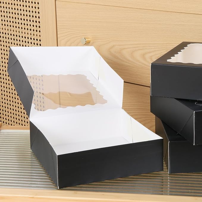 24 pcs Black Pie Boxes,12x12x3 Inch Auto-Popup Bakery Boxes with Window Donuts Chocolate Muffins Donuts Pastry Dessert Cookie Box For Packaging
