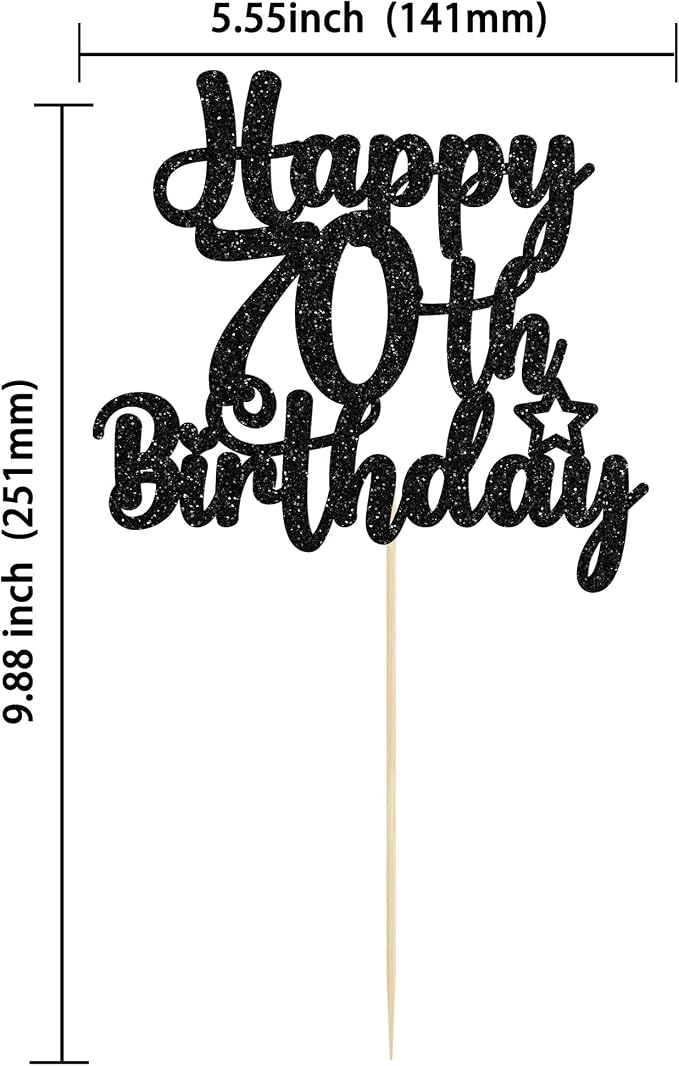 Gyufise 1Pc Happy 70th Birthday Cake Topper Glitter 70 & Fabulous Cheers to 70 Years 70th Birthday Cake Pick for Celebrating 70th Birthday Anniversary Party Cake Decorations Supplies Black