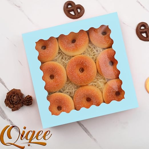 qiqee Auto-pop Up Light Blue Pastry Box With Window 8x8x2.5 Inch Donut Pie Boxes 30pcs Bakery Box