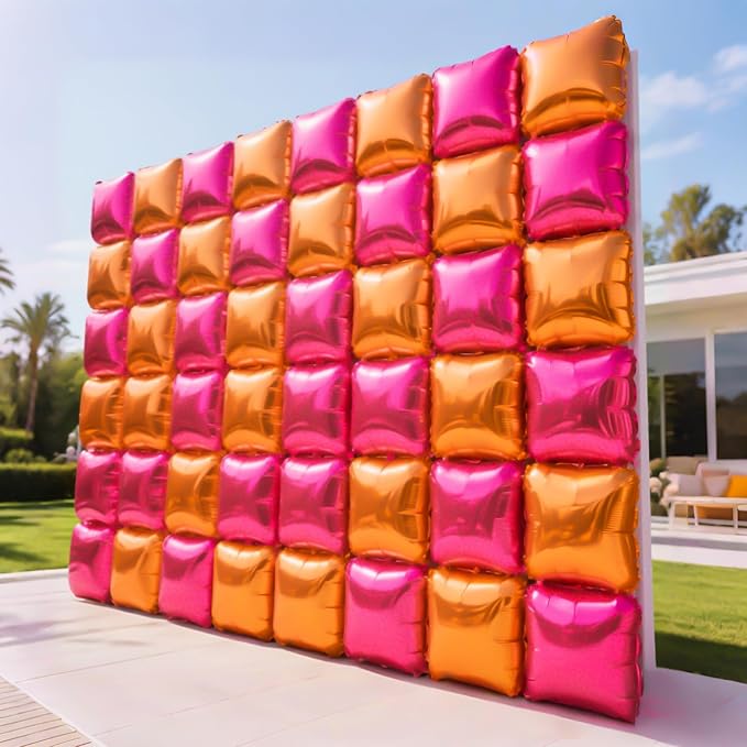 NISOCY 25PCS Rose Red and Orange Square Foil Balloons Wall Backdrop Double Sided Rose Red Orange Balloons Arch Kit for Birthday Baby Shower Valentine's Day Wedding Tropical Party Decorations