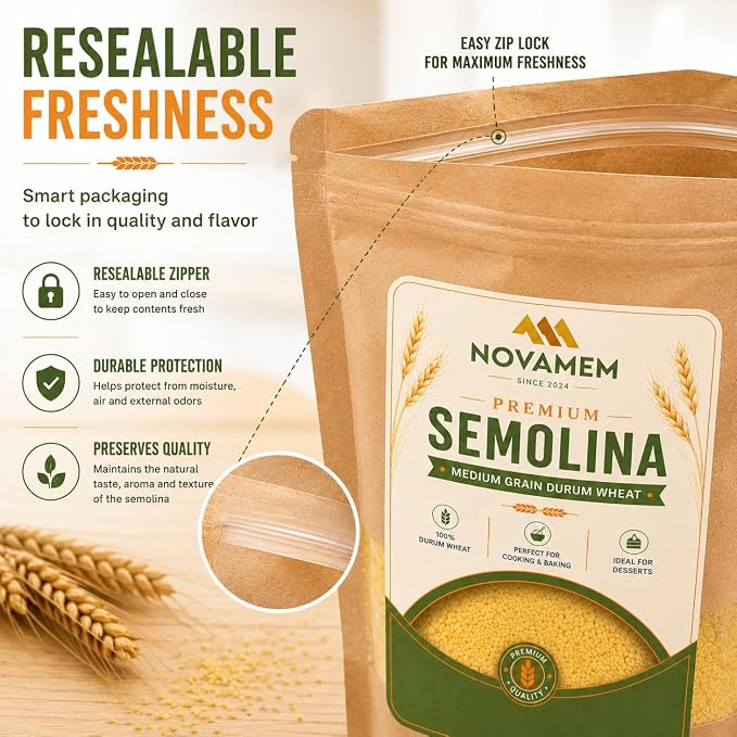 Premium Semolina Flour, Authentic Turkish Durum Wheat for Pasta, Couscous, Baking & Traditional Desserts, Freshness-Sealed Pouch, 500g (17.6 oz)