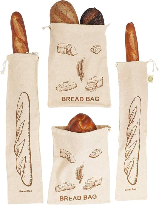 Reusable Bread Bags for Homemade Bread - 100% Organic Linen - 2 Large and 2 Extra Large Reusable Cloth Storage Bags with Drawstring for Sourdough and Baguette - Ideal Gift for Bakers