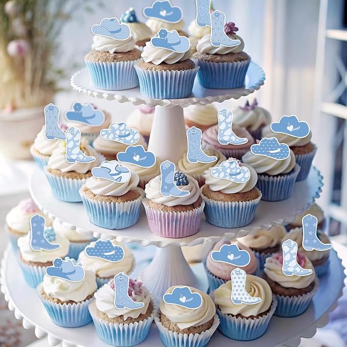 36PCS Edible Cowboy Cupcake Toppers Wafer Paper Blue Horse Boots Hat Cupcake Picks Edible Rodeo Cake Decorations for Western Horse Racing Theme Birthday Baby Shower Party Supplies