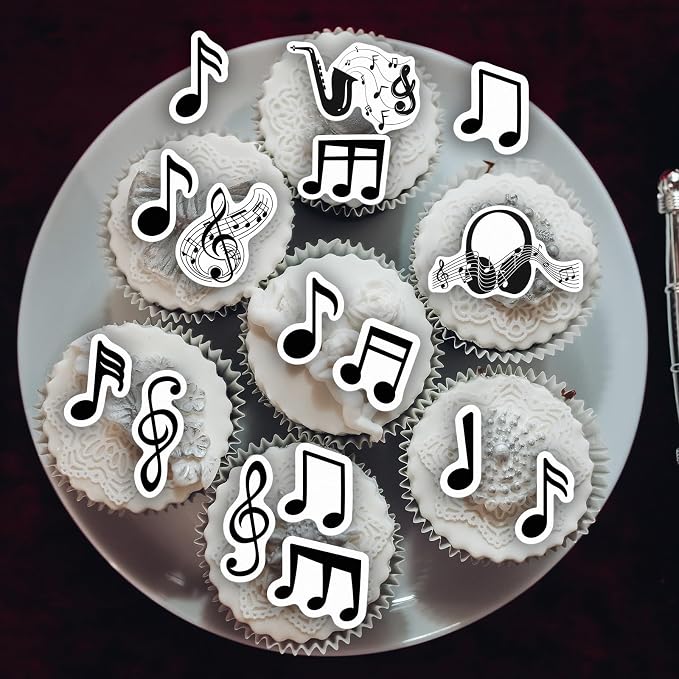 64PCS Edible Musical Notes Cupcake Toppers Wafer Paper Black Music Symbol Cake Picks Music Concert Cake Topper Edible Musical Cupcake Picks for Concert Theme Party Decor
