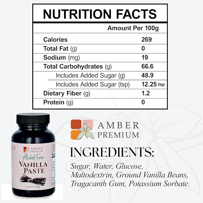 Amber Premium Alcohol Free Vanilla Bean Paste 150g / 4 fl oz (US) - Made with Authentic Madagascar Vanilla Beans - Vegan, Kosher, Chef Recommended for Baking, Desserts, and Pastries