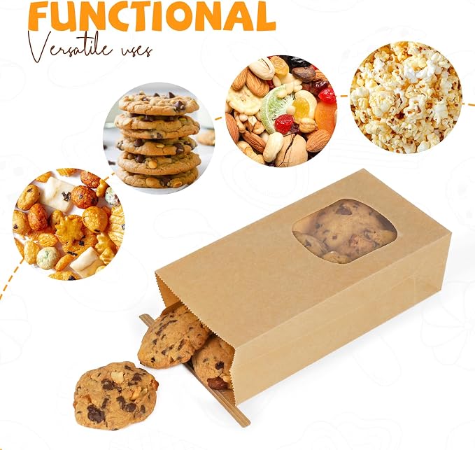 50 Pack Bakery Bags with Window, 3.9x2.3x8 Inches Tin Tie Tab Paper Cookie Bags Brown Small Gift Bag for Packaging Popcorn, Trail Mix, Treats, Snacks, Baked Goods, Party Favors | Grease Resistant