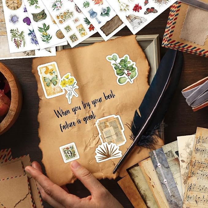 347Pcs Journaling Stickers and 20 Sheets Scrapbook Paper, Vintage Scrapbooking Kit, Plant Flower Butterfly Background Ephemera for Junk Journal Supplies, Planners, Bujo, Collage Art