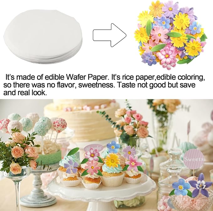 Morofme 60pcs Edible Flower Cake Decorations Wafer Paper Flowers Hawaiian Flower Leaves Cake Decor Daisy Cupcake Topper Mixed Size for Colourful Tropical Themed Baby Shower Birthday Party Supplies