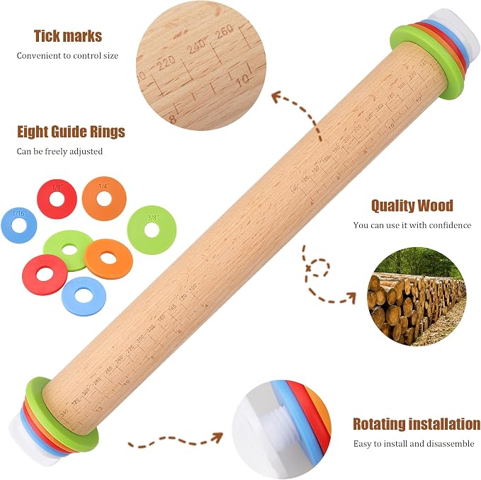 Adjustable Rolling Pin with Thickness Rings, Wood Dough Roller | natural beech wood, 8 plastic thickness rings, double-sided wooden stand, 17/14 inch, for pizza pasta cookies fondant clay