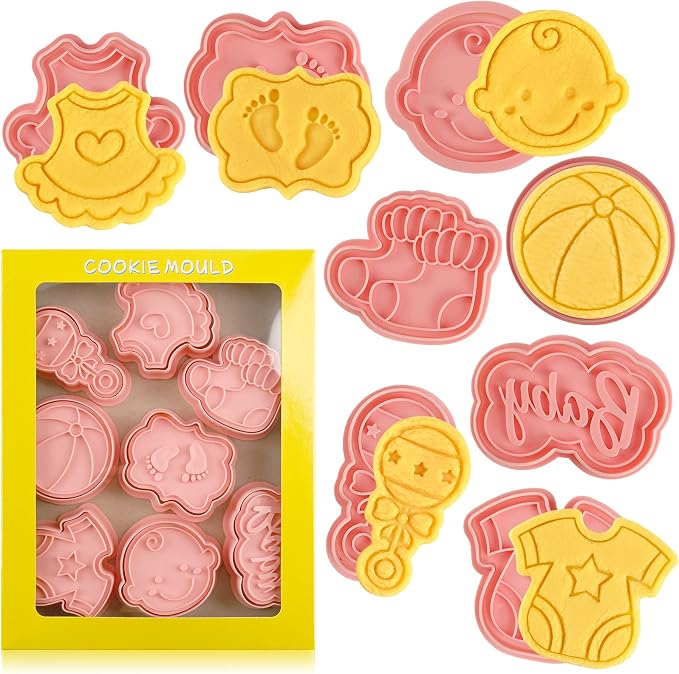 Baby Shower Cookie Cutters Set, 8 Pcs Cookie Cutter with Plunger Stamps, Cute Cookie Cutters for Baby Shower Biscuit Cheese Baking