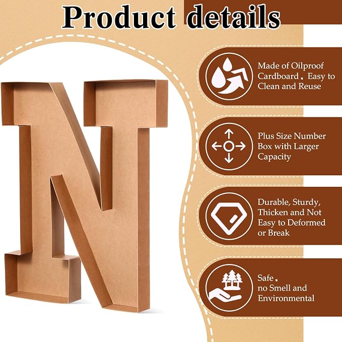 SiliFine 13.7''H Cardboard Letters Box for Charcuterie Birthday Fillable Paper Mache Candy Container Letter Box for Birthday Treats Festival Decorative (Letter N)