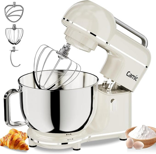 Camic Electric Stand Mixer,7.45 QT,10 Speeds with Dough Hook,Whisk, Flat Beater Attachments, Splash Guard, Easy-Carry Top Handle,3-IN-1 Kitchen Mixer for Baking Cakes Cookie Bread Salad (White)