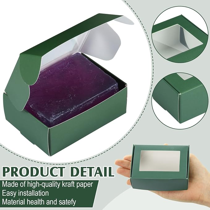 Zonon 30 Pcs Soap Boxes for Homemade Packaging, Mini Kraft Boxes with Window for Bakery Candy Soap Making Gift Packaging, 3.7x2.6x1.4 Inch (Green)