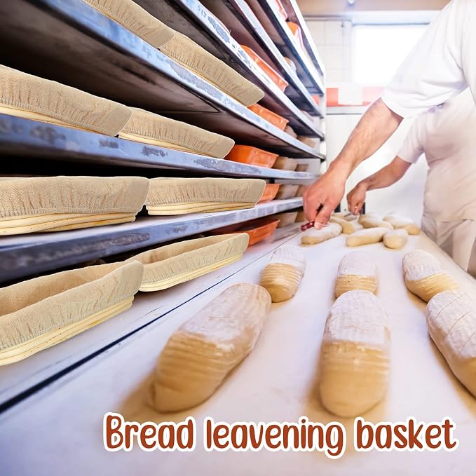 4 Pieces 13.8 Inch Banneton Bread Proofing Basket Oval Long Bread Proofing Basket Banneton Basket Dough Proofing Basket with Liners and Scatters for Home Sourdough Bread Baking