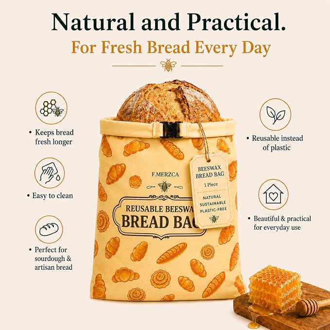 Beeswax Bread Bag 2 Pack, Reusable Linen Bread Bags for Homemade Bread, Extra Large Sourdough Bread Storage Bag, Natural Beeswax Lining Keeps Loaves Fresh Longer, Eco Friendly