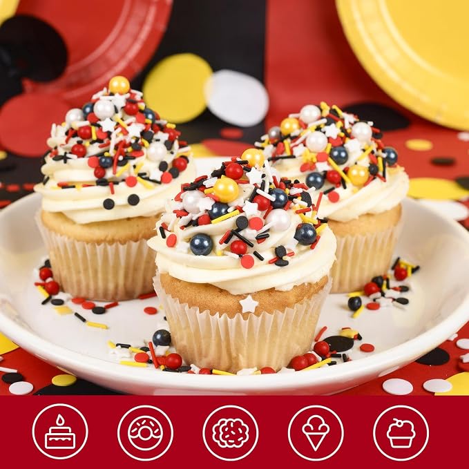 Edible Mouse Sprinkle Mix, 3oz Black Red Yellow White Sprinkles for Baking and Cake Decorating, Mouse Cake Decoration Edible with Birthday Themed, Children's Party Supplies