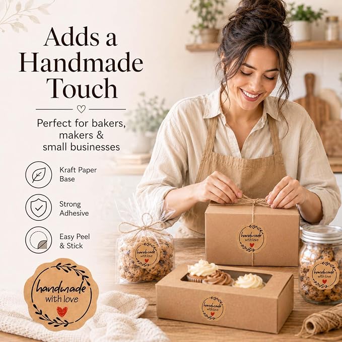 100 x Handmade with Love Stickers, Kraft Paper Bakery Stickers for Small Business Packaging, Rustic Handmade Gift Seals for Baked with Love Treat Bags, Wedding Favor Bags & Thank You Envelopes, 1.77''