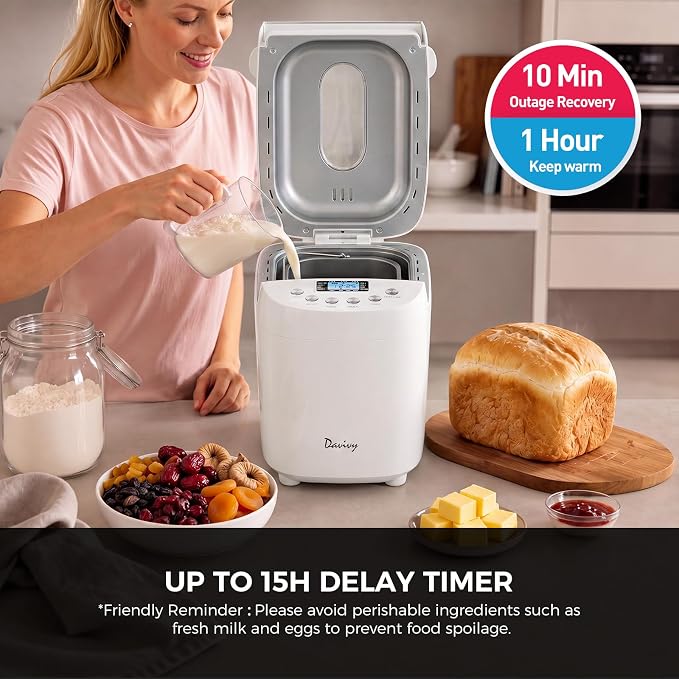 Davivy Bread Maker Machine with 2 Dough Kneading Paddles,15-in-1 Automatic Large Capacity Bread Machine Nonstick Bowl For Bread, Jam& Yogurt, 3 Loaf Sizes and 3 Crust Settings