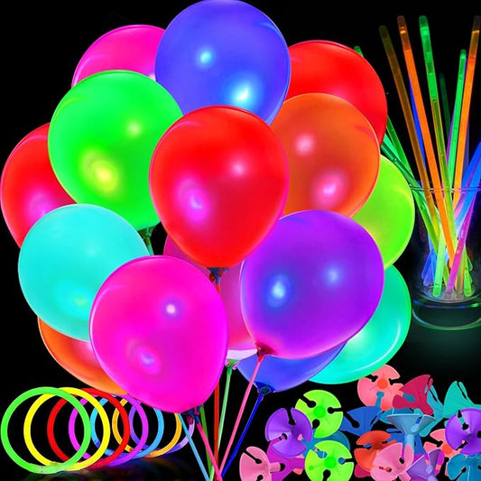50 PCS UV Neon Balloons & 50 PCS Glow Sticks & 50 Pieces Balloon Stick Holders for Glow in the Dark Birthday Decoration Wedding Glow Party Supplies, Black Light Reactive Fluorescent Balloons (150)