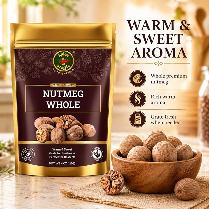 Spice Magic Whole Nutmeg 4 oz, Jaiphal Nuez Moscada – 100% Pure Natural Nutmeg Seeds for Grating, Non-GMO Gluten Free, for Baking, Cooking, Coffee, Tea, Hot Chocolate, Eggnog & Desserts