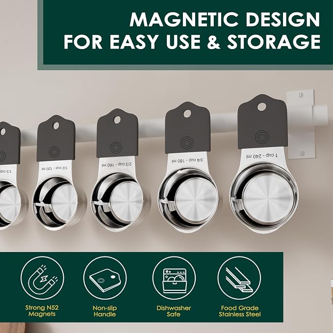 Magnetic Measuring Cups & Spoons Set, Heavy Duty 304 Stainless Steel, Double Measurement Markings, Strong N52 Magnet, Set of 16 with Leveler for Measure Dry & Liquid Ingredient, Dishwasher Safe, Black