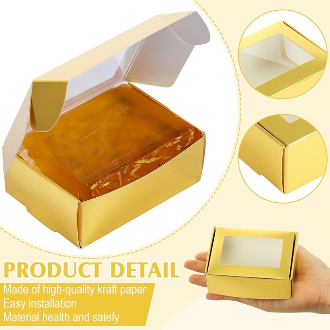 Zonon 30 Pcs Soap Boxes for Homemade Packaging, Mini Kraft Boxes with Window for Bakery Candy Soap Making Gift Packaging, 3.7x2.6x1.4 Inch (Gold)