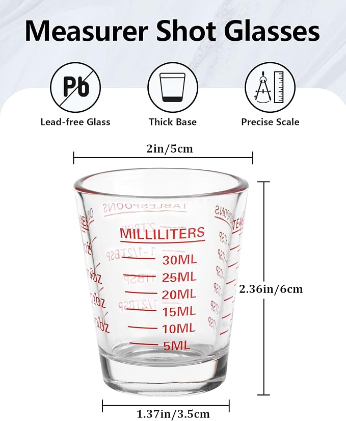 SAIAOKJ Shot Glasses Measuring Cup Set 6 Pack Espresso Shot Glasses Liquid Heavy Glass 26-Incremental Measurement 1 OZ,2 TBS,6 TSP,30 ML Kitchen Tools (Red)