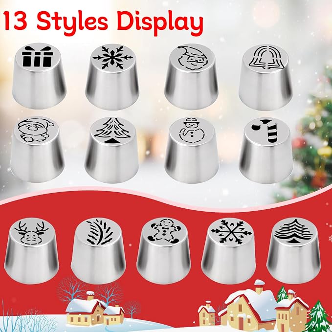 14-Piece Extra Large Christmas Russian Piping Tips, Stainless Steel Santa Claus, Snowflake, Christmas Tree Designs, for Cake Decorating Flower Nozzles Cookie Dessert Baking Tools