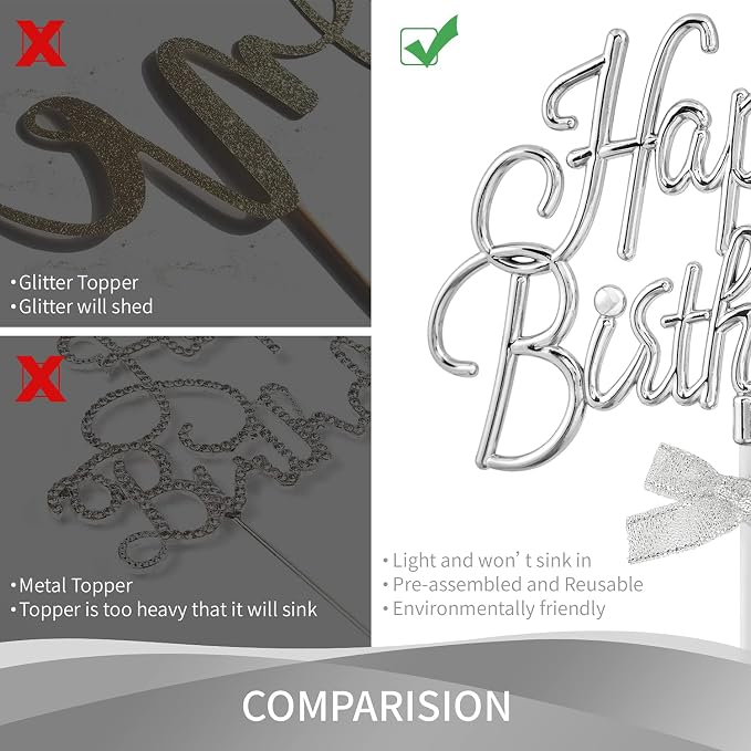 Silver Happy Birthday Cake Topper Plastic - 3D Double Sided Cursive Happy Birthday Sign for Cake with Bow, Idea for Cake Decoration (SILVER)