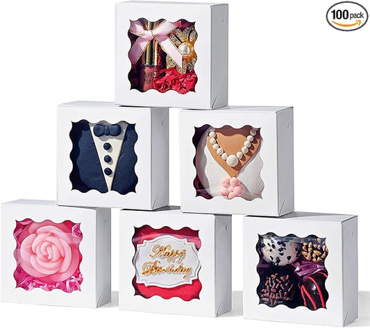 SLShePack 3x3x1.5Inches 100PCS Homemade Soap Boxes with Window Chocolate Covered Strawberries,Cookie,Chocolate truffle Boxes
