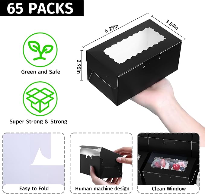 65 PCS Black Bakery Boxes with Window - 6.29x3.54x2.95 Inches Cookies, Cake, Pastries, Treat, Dessert Boxes - Small Gift Box for Party, Business(Black)