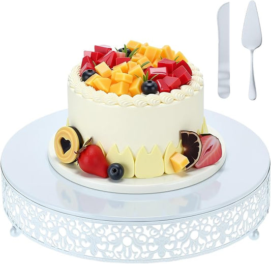 Wenqik 12 Inch White Cake Stand Set Metal Round Cupcake Dessert Stand with Cake Cutting, Spatula Wedding Cupcake Pastry Display Candy Holder Display for Wedding Party Birthday Baby Shower(Classic)