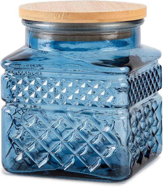 Glass Storage Canister with Airtight Lids, 20.3 FL OZ Thick Glass Candy Jar for Coffee Bean, Cocoa powder,Dog treats, Snacks Vintage Decorative Square Glass Jars for Coffee Bar Kitchen Party Counter