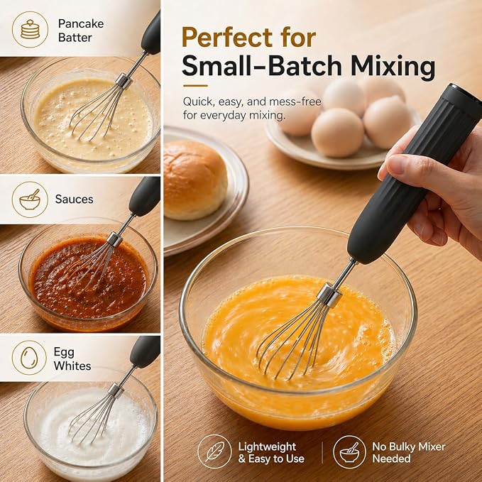 Handheld Electric Egg Beater Whisk,2-Speed USB-C Rechargeable Portable Wireless Balloon Whisk for Eggs, Milkshake Cream, Butter, Baby Food Fruits, Sauces and Soup for Kitchen,Camping Baking-Black