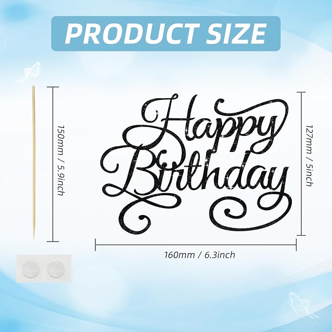 BEISHIDA Happy Birthday Cake Topper Black Glitter Happy Birthday Cake Bunting Decoration Birthday Party Cake Decoration Supplies, for Photo Booth Props