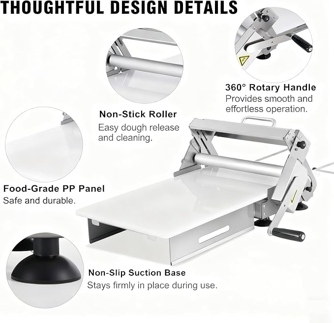 304 Stainless Steel Folding Dough fondant Sheeter with 23.62" x 11.81" Sheeter Board fondant non-stick roller Manual Dough Roller with 1-20mm Adjustable Thickness