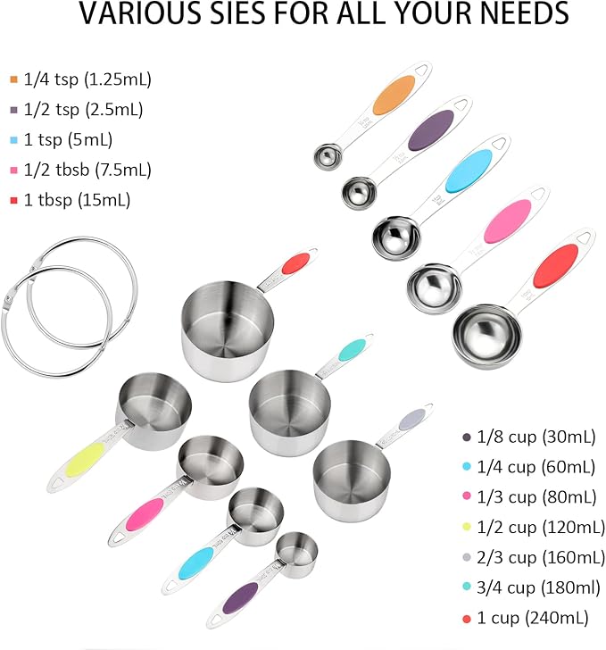 Magnetic Measuring Cups and Spoons Set, 12 Piece Stainless Steel Measuring Cups and Spoons Set, Nesting Kitchen Gadgets with Removable Clasp for Cooking & Baking (Colorful)