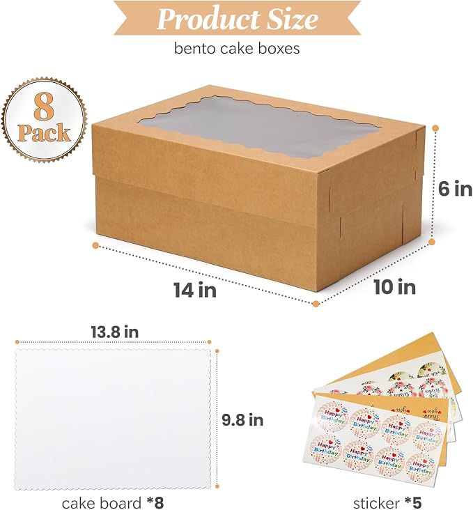 COTOPHER 14x10x6 In Sheet Cake Boxes, 16 Pcs Brown Bakery Boxes with Large Window (8 Boxes & 8 Boards), Cake Containers for Quarter Cakes, Donuts, Cupcakes, Brownie, Pastry & Pies Packaging