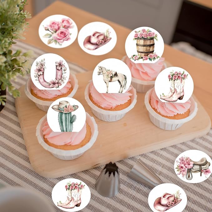 36PCS Edible Floral Horse Cupcake Toppers Wafer Paper Pink Pop-up Derby Horse Cowgirl Cake Picks Edible Rodeo Western Boots Cupcake Toppers for Jockeys Equestrian Theme Supplies