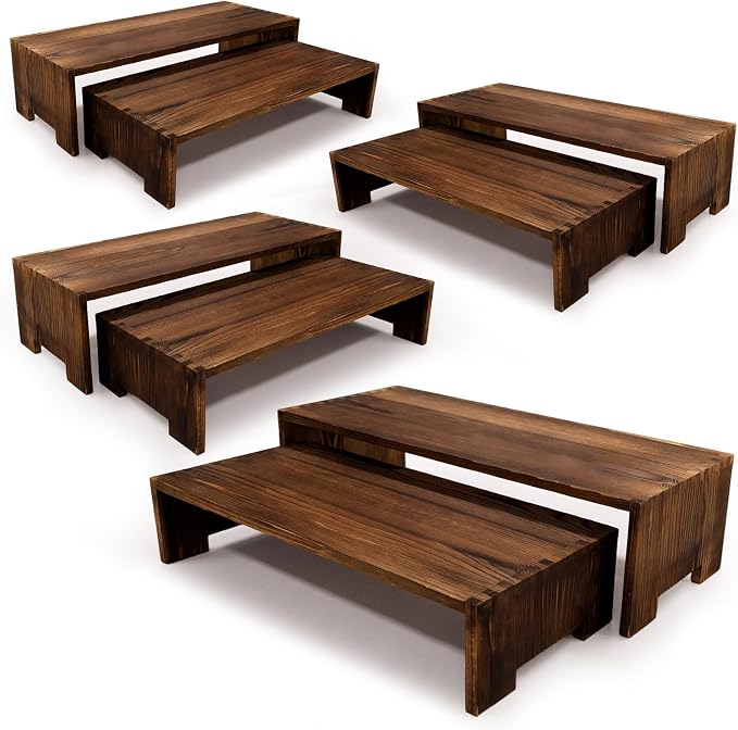 Yikaroeli 4 Set Large Wooden Display Riser Wood Risers Cupcake Display Stand 2Tiered 8Pcs Rectangular Perfume Dessert Display Stands for Vendors Event (Large/4Pack Brown)