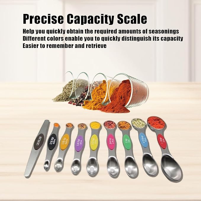 8-Piece Measuring Magnetic Spoons Set with Leveler - Stainless Steel for Measuring Dry and Liquid Ingredients, Double Ended, Stackable & Nested Fits in Kitchen Spice Jars for Baking & Cooking