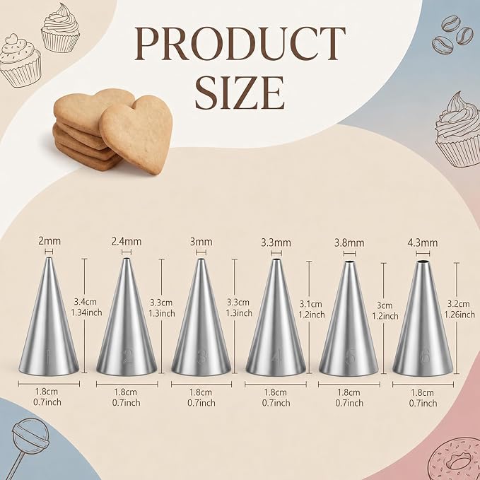 6 Pcs Round Piping Tips Set, Stainless Steel Frosting Tips Professional Pastry Decorating Tip Cake Writing Icing Decorating Tool for Easy Cake Cupcake Dessert Cookies Decoratings