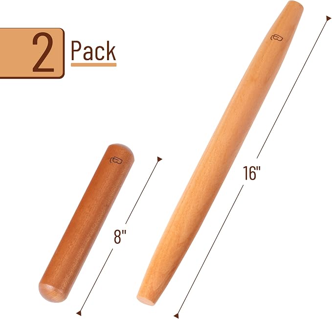 BAMBOO LAND- French Rolling Pin Set, 2 pcs, 16" & 8" Natural Wood | Rolling Pins for Baking Pastry, Dough, Bread, Cookie, Pizza, Kitchen Essentials