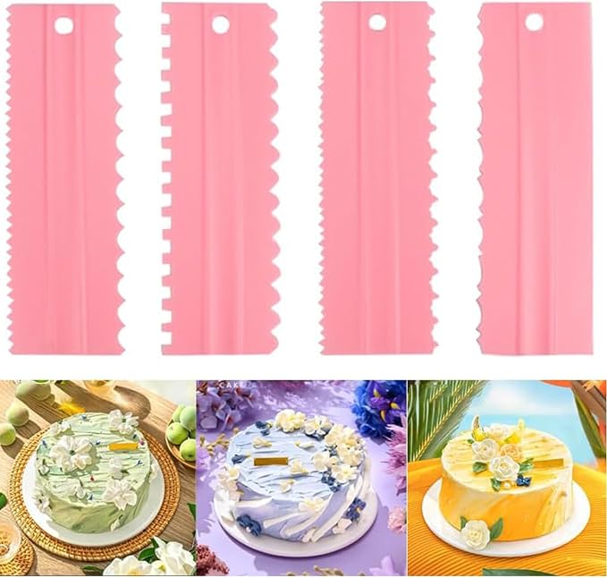 Cake Scrapers Set Pink Decorating Comb and Icing Smoother, Plastic Sawtooth Scraper Polisher Butter Mousse Cream Cake Edge DIY Tool -8 Design Textures (Pink)