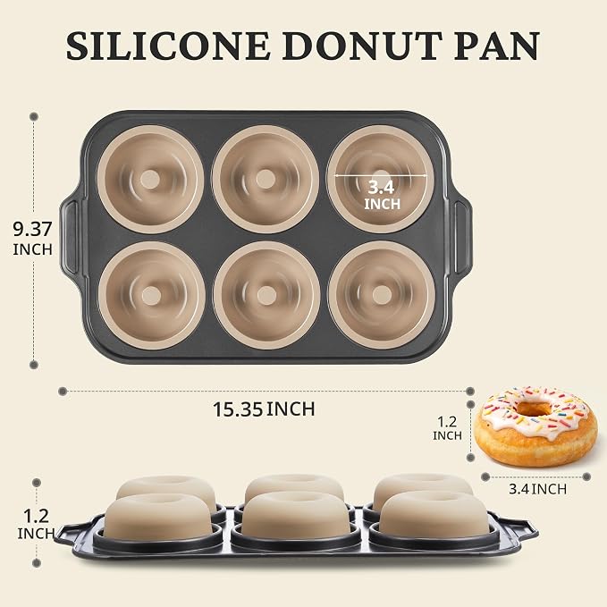 BRONYPRO Silicone Donut Pan for Baking with Metal Reinforced Frame, 6-Cavity Nonstick Doughnut Mold, Large Donut Size, Food-Grade Bakeware, Oven Dishwasher Freezer Safe, Gray
