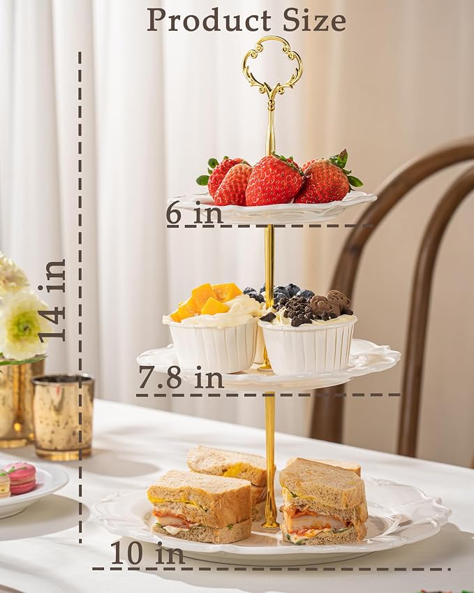 3 Tier Cupcake Stand, Ceramic Tiered Serving Stand, Relief Dessert Tower Tray, Cupcake Holder Tower for Birthday, Baby Shower, Tea Party and Wedding (White)