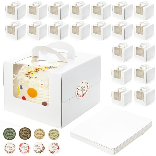40 Pack Cake Boxes with Boards (20 Boxes + 20 Boards), 8 x 8 x 5.5 Inch Bakery Boxes with Clear Window, Stickers, Disposable Tall Square Cake Container for Cake, Donut, Pie