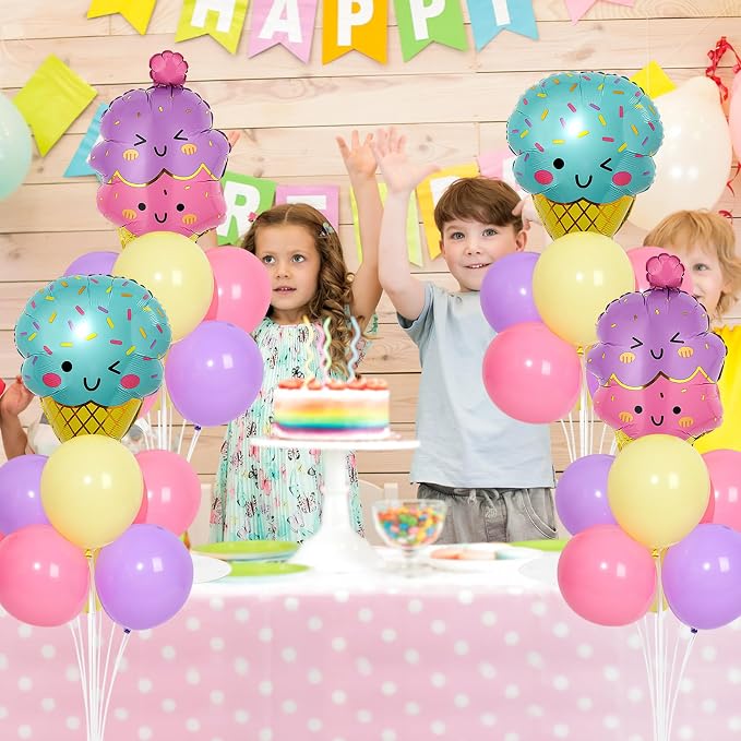 4 Sets Ice Cream Birthday Party Balloons Stand Kit with Ice Cream Foil Balloons Macaron Theme Party Ball Balloon Centerpiece for Tables for Summer Themed Birthday Baby Shower Decoration