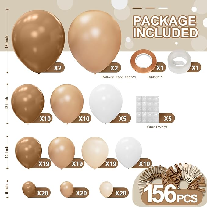 Brown Balloon Garland Arch Kit 156 Pcs Different Sizes 18 12 10 5 Inch Brown Nude Tan White Latex Balloons Garland Arch for Birthday Party Neutral Bear Baby Shower Decorations